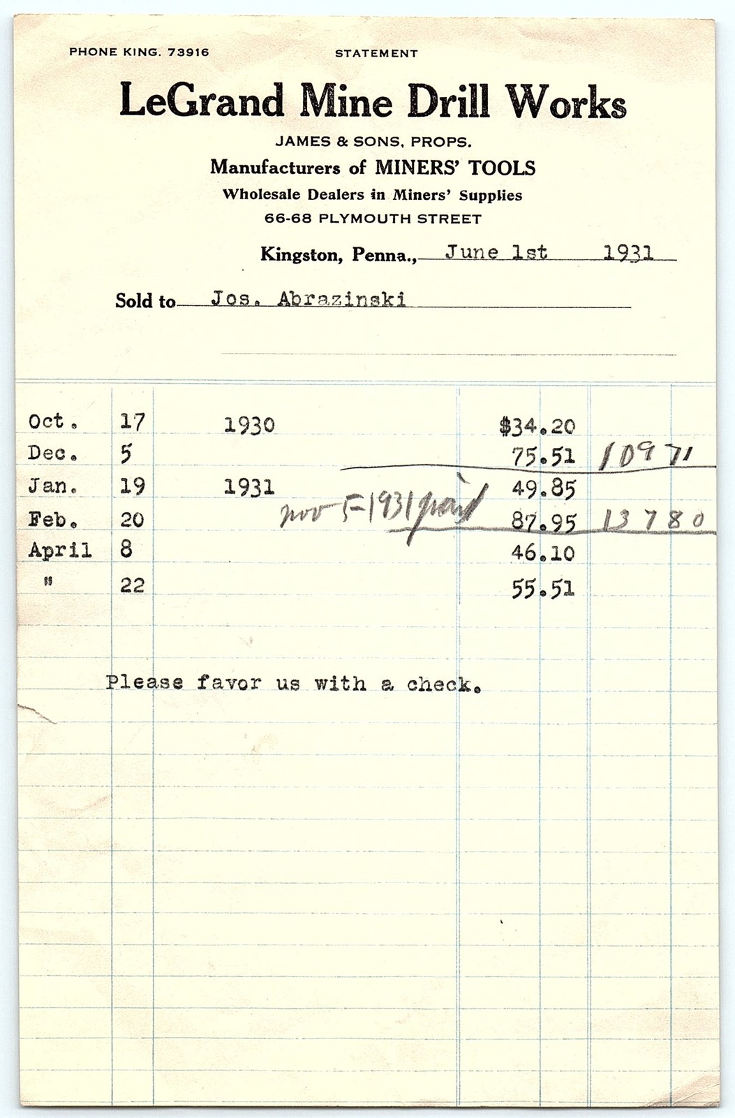 1931 LeGrand Mine Drill Works Statement, Kingston, PA