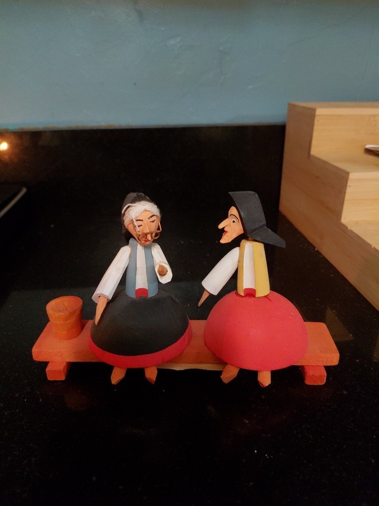 Hand Carved Painted Wood Romanian Folk Art Figurine two nuns setting on a bench Hand Carved Painted Wood Romanian Folk Art Figurine two nuns setting on a bench