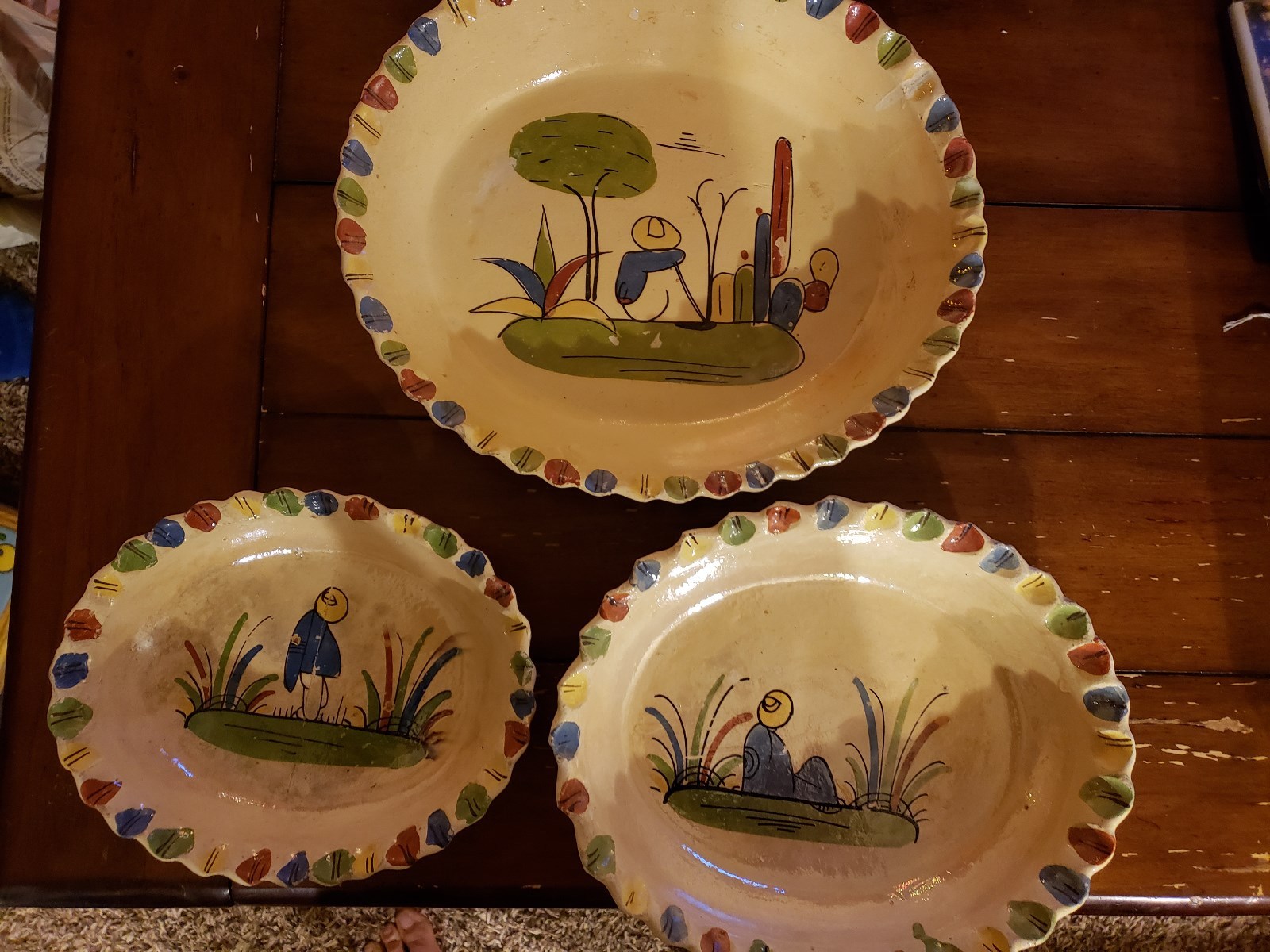 Vintage 1920-1930's Mexican Pottery Oval Hand painted Folk Art Bowl set of 3 Vintage 1920-1930's Mexican Pottery Oval Hand painted Folk Art Bowl set of 3