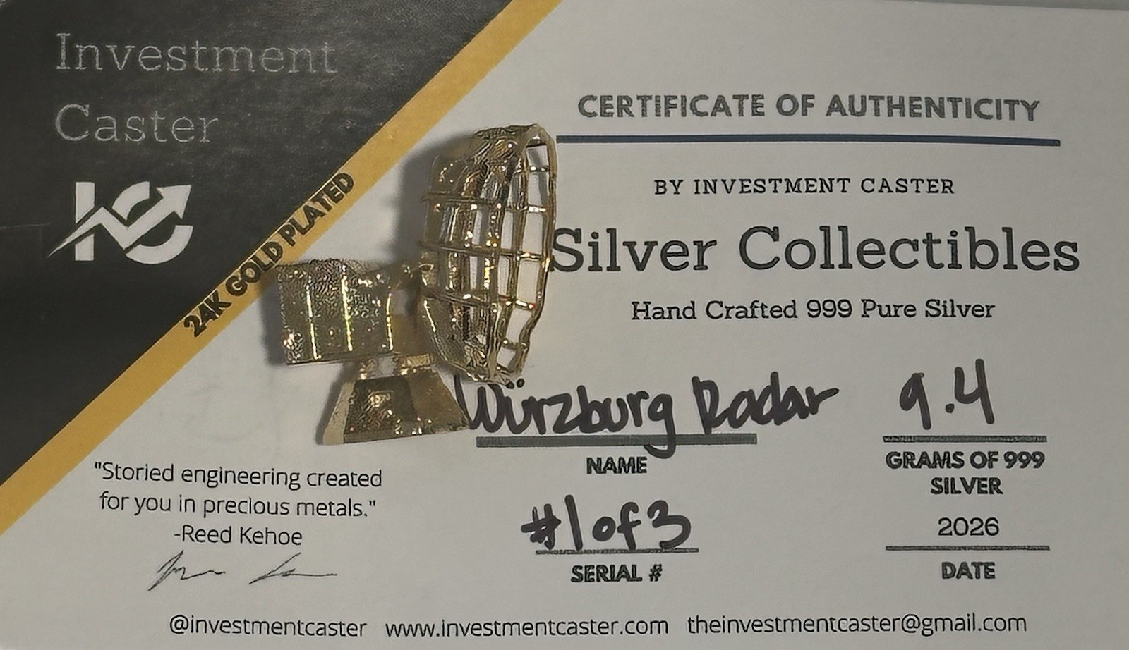 Investment Caster Würzburg Radar 24K Gold Plated 999 Silver 9.4g #1 of 3 W/COA