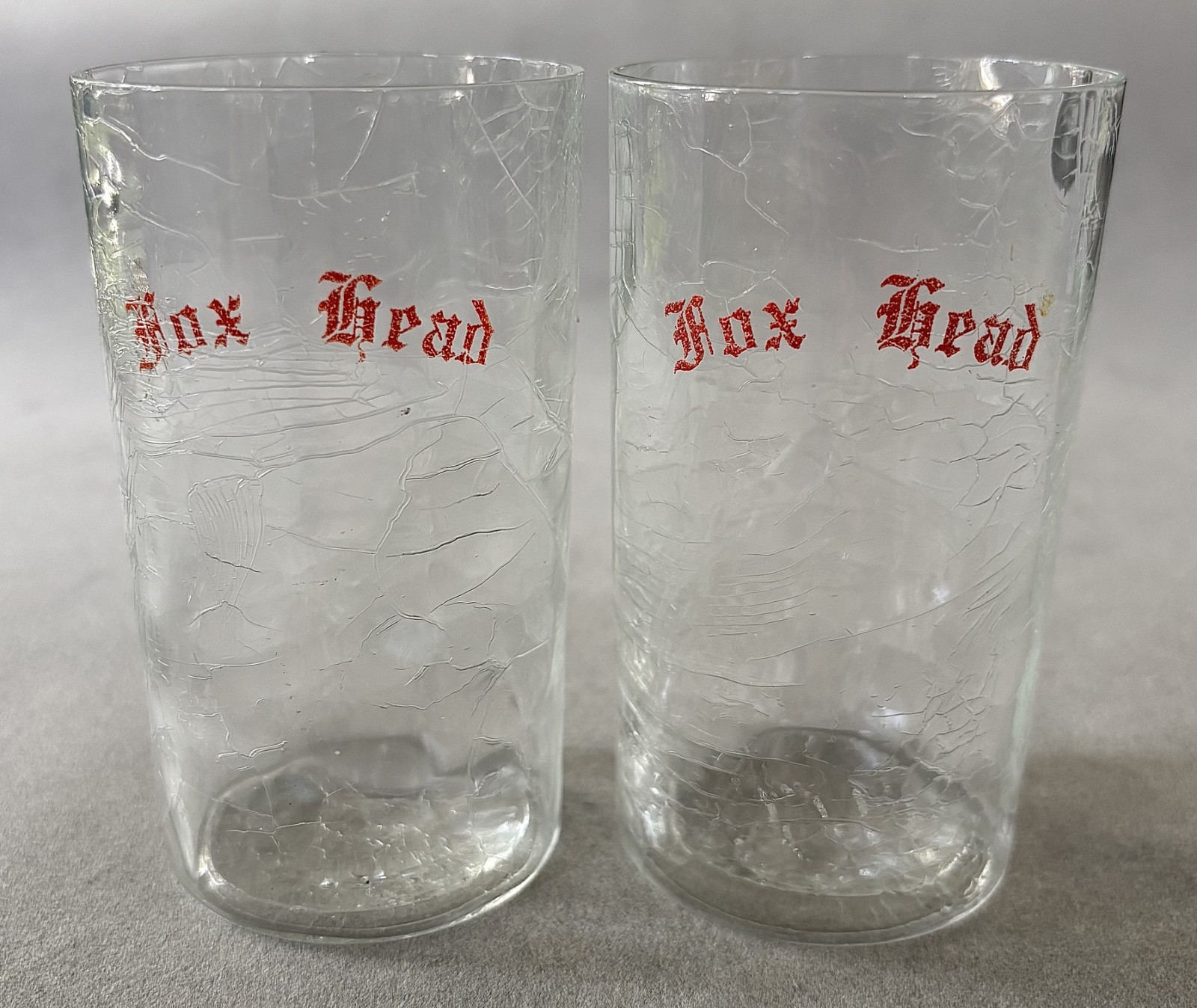 Pair of RARE VTG Fox Head, Waukesha, WI Beer Crackle Glasses 4 inch, 6 oz 1930s