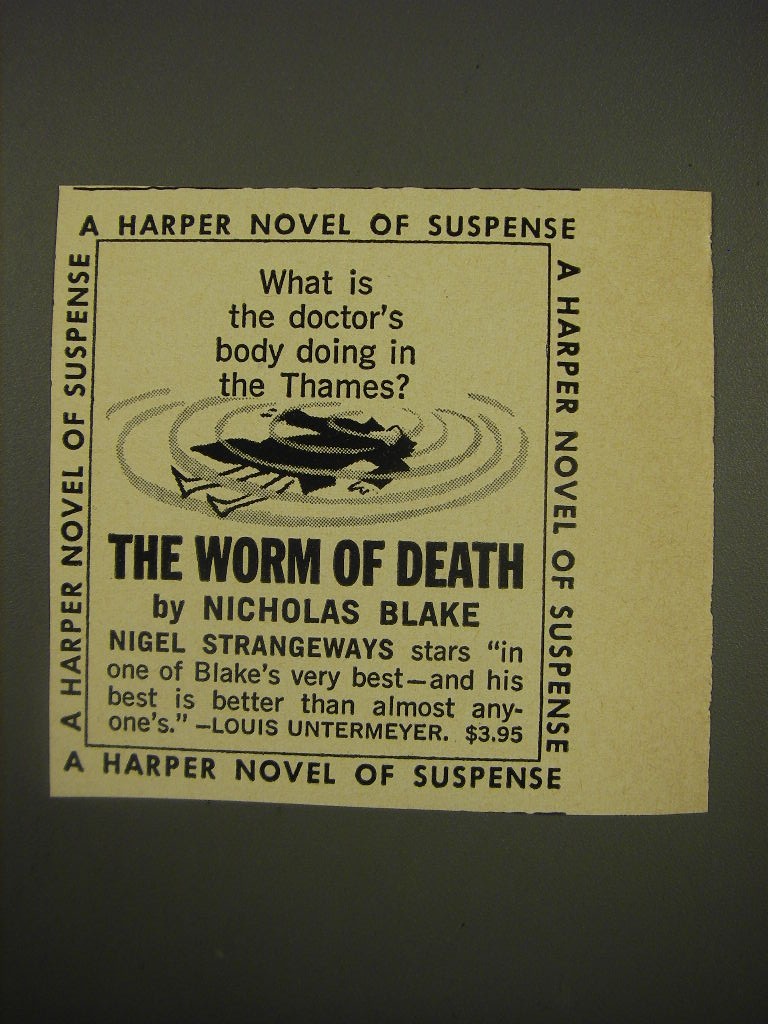 1961 Harper Book Advertisement - The Worm of Death by Nicholas Blake 1961 Harper Book Advertisement - The Worm of Death by Nicholas Blake