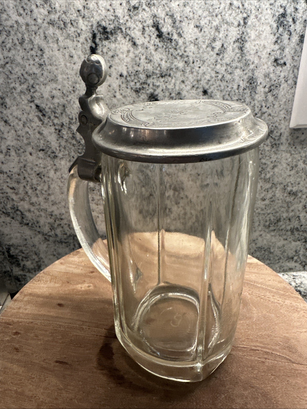 GLASS GERMAN BEER STEIN WITH Engraved Name pewter lid collectible early 1900 GLASS GERMAN BEER STEIN WITH Engraved Name pewter lid collectible early 1900