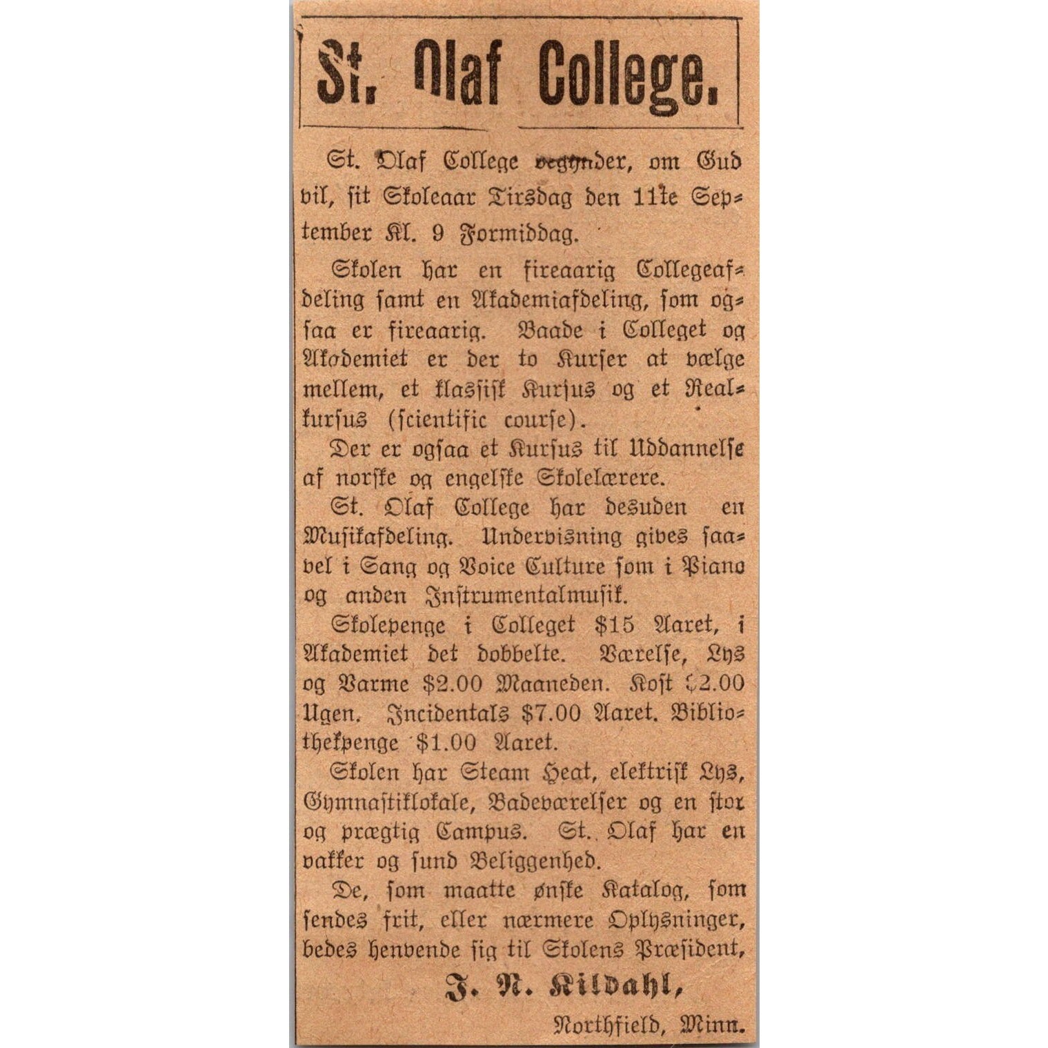 St. Olaf College J. N. Kildahl Northfield MN 1906 MN Norwegian Clipping SAK1-M4