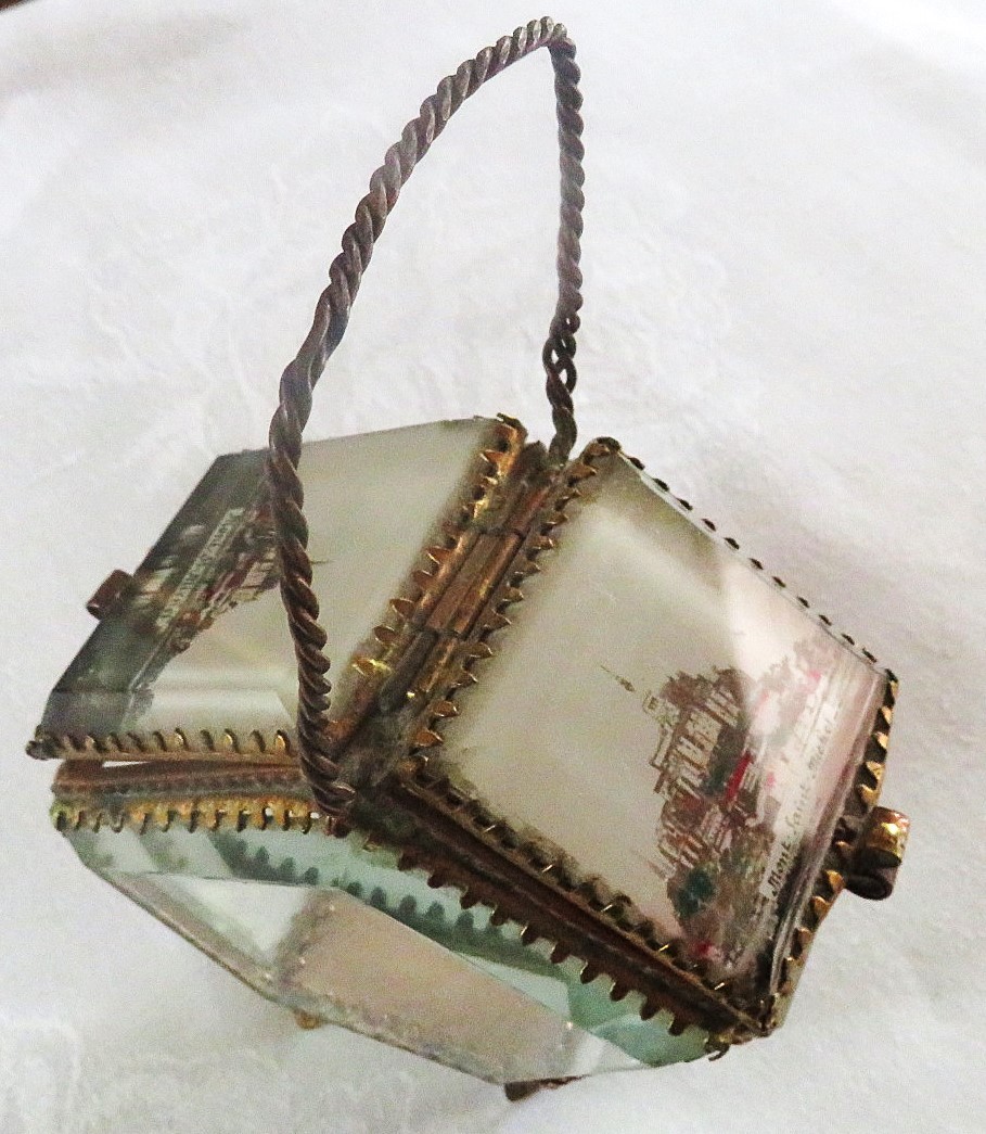 ANTIQUE GRAND TOUR SOUVENIR BASKET BOX BEVELED GLASS ORMOLU MONT ST MICHEL VGC