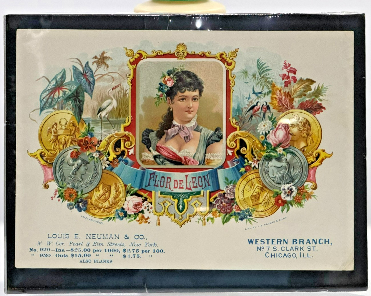 932~1890s Flor De Leon Cigar Box Label Proof Dual NY & Chicago L.E. Neuman Litho