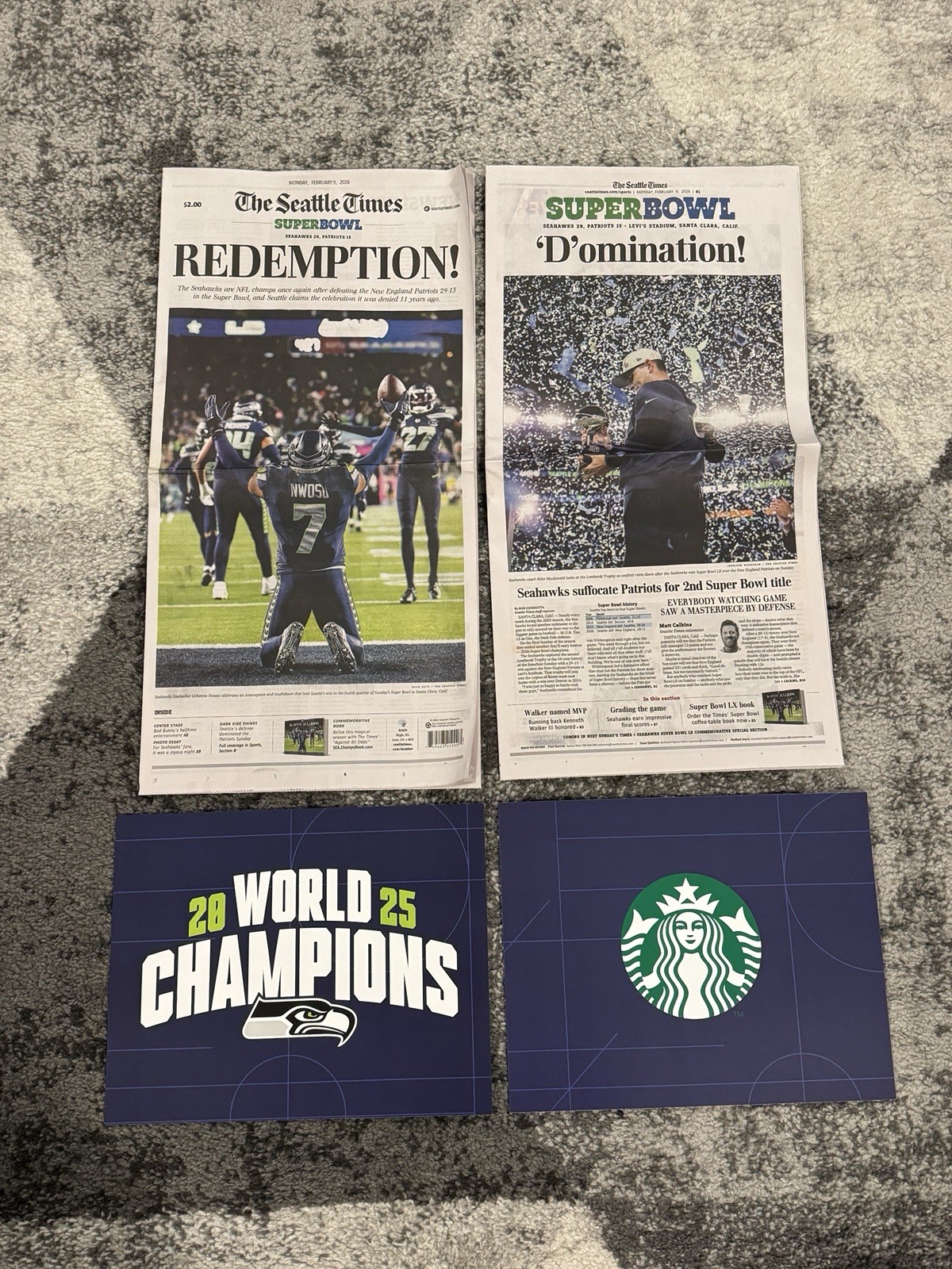 Super Bowl Seattle Seahawks Newspaper + World Champs Placard
