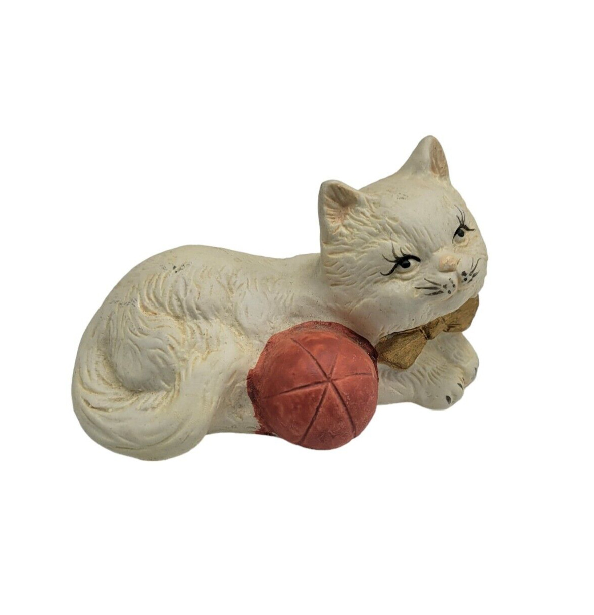 Vintage Porcelain White Cat wearing bowtie with Yarn Small Angora shorthair
