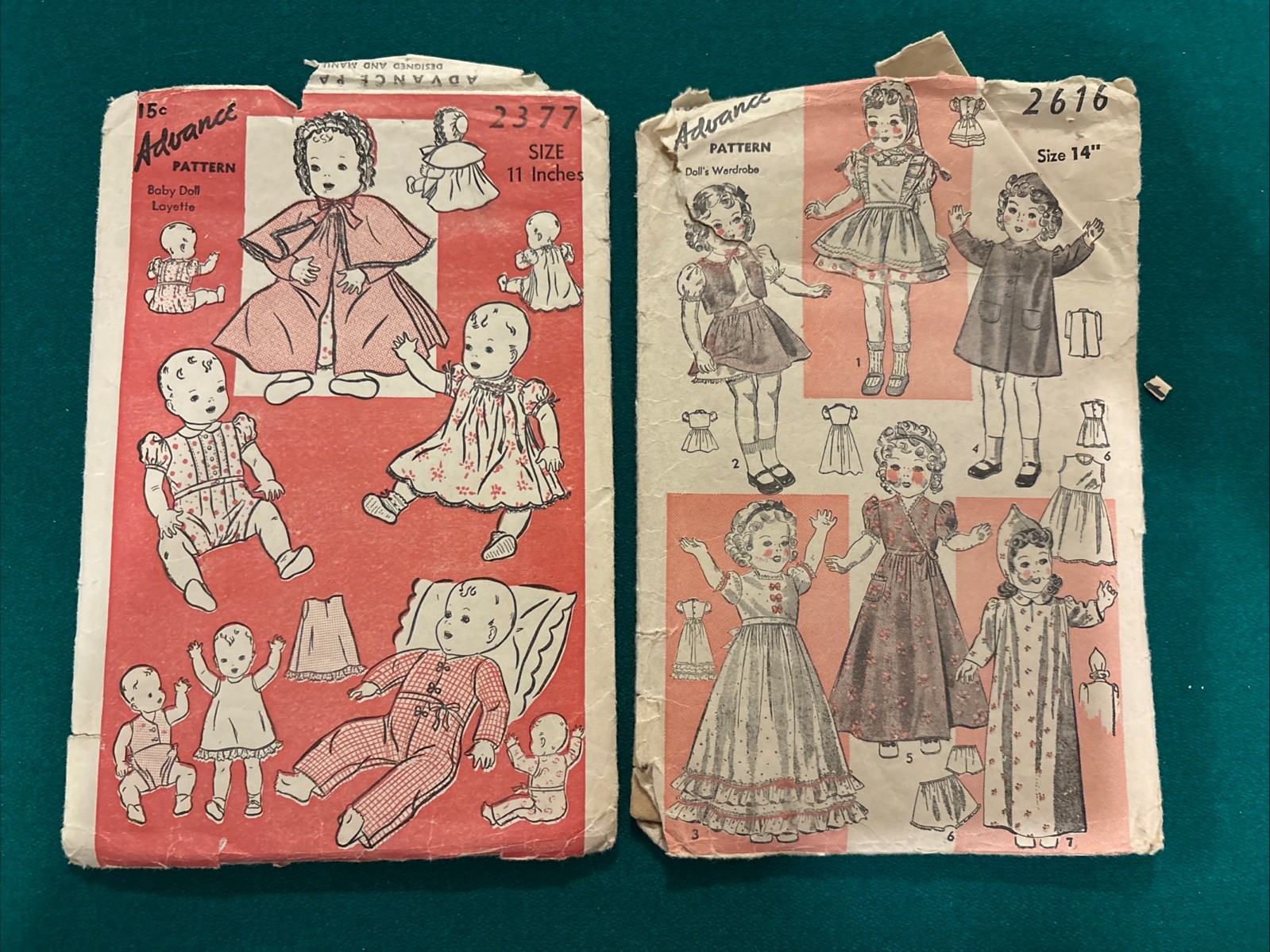 Two VTG 40\'s/50\'s Advance 2616+2377 Sewing Patterns  11”&14 Doll Clothes