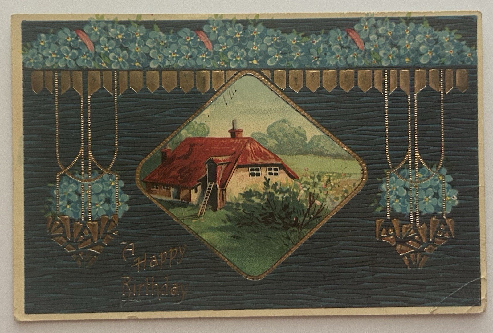 Antique 1910s Embossed Birthday Postcard Cottage Scene Flowers Gold Gilt