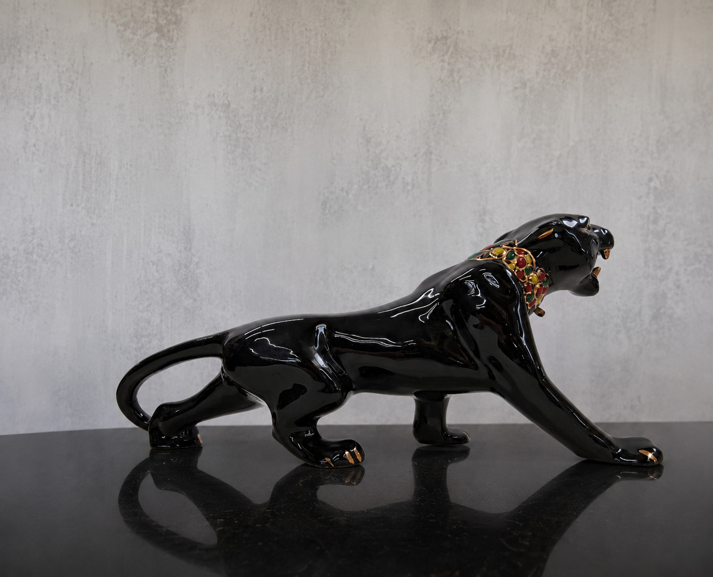 Vintage Jeweled Large Black Panther Ceramic Sculpture Hollywood Regency Luxe