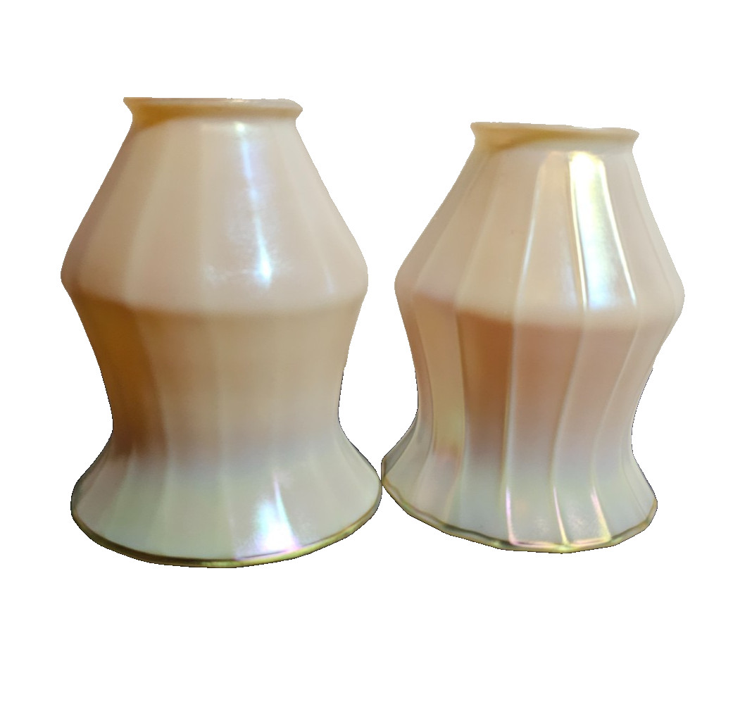 Antique Pair Of Quezal Art Glass Lampshades Cream W/Gold Iridescent Ribbed