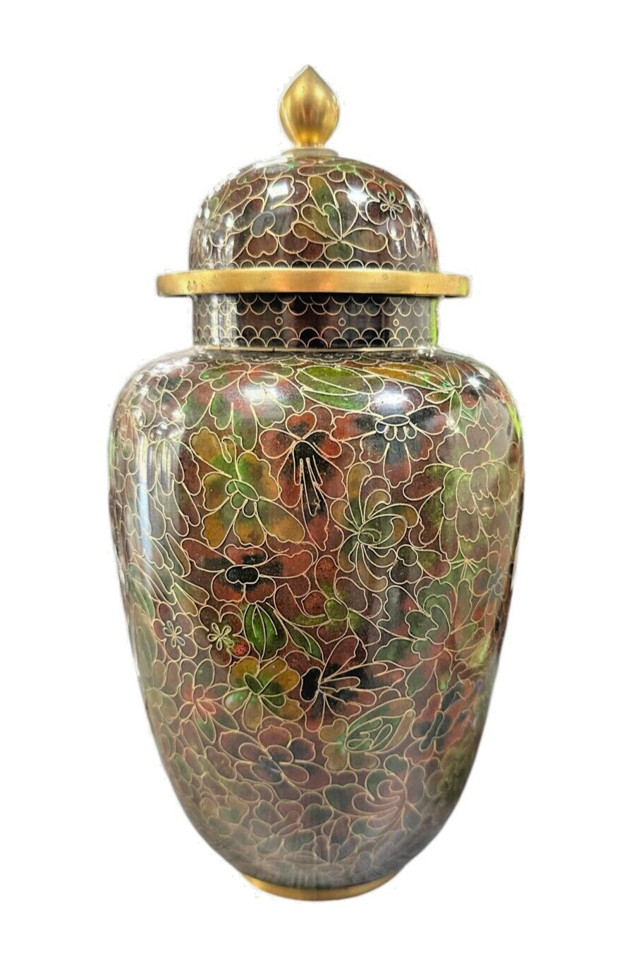 VINATGE CLOISSONNE COVERED BRASS URN WITH FINIAL ORNATE FLORAL DECORATION VINATGE CLOISSONNE COVERED BRASS URN WITH FINIAL ORNATE FLORAL DECORATION