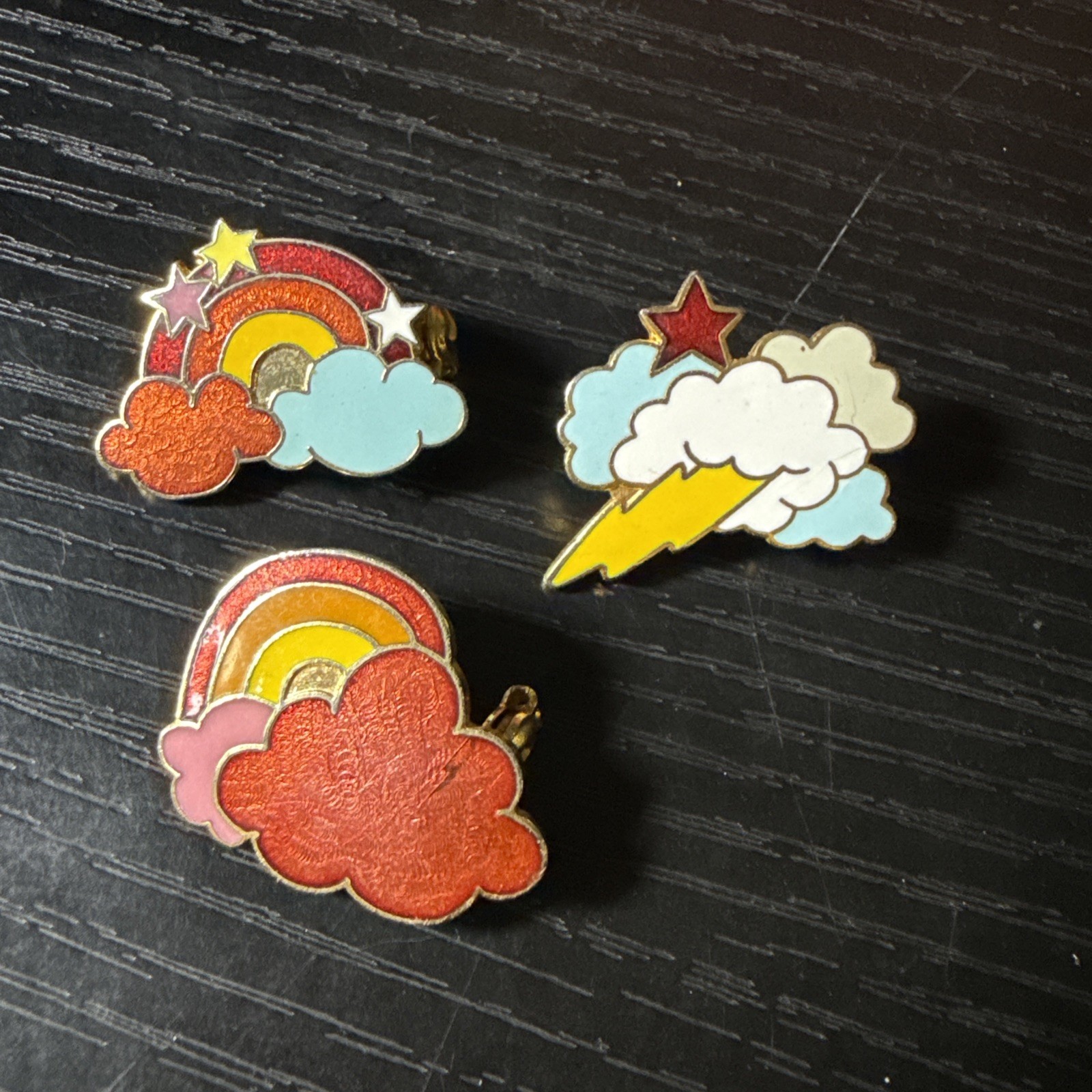 VTG Lot of 3 Enamel Pins Charms Retro Rainbow, lightning clouds