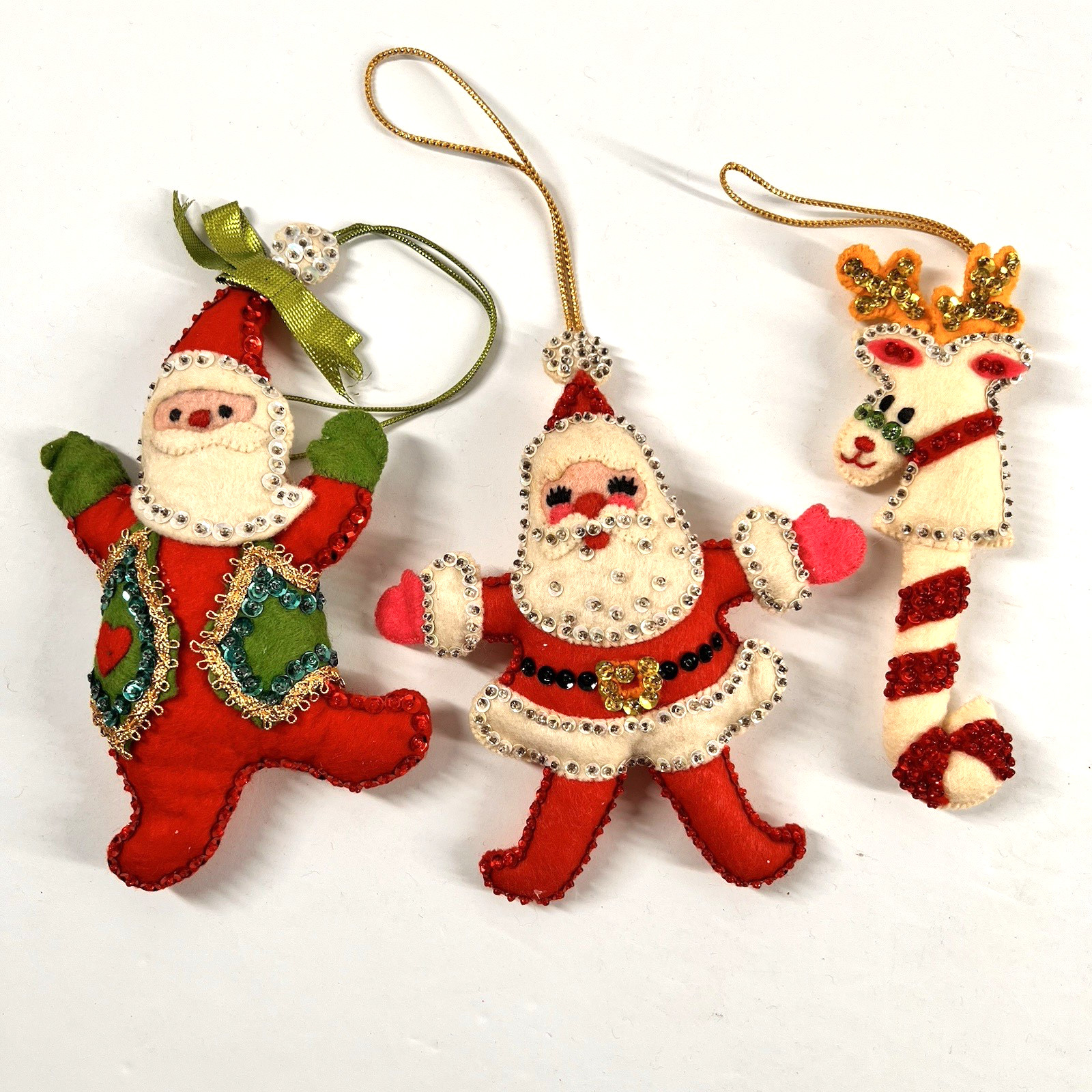 Vintage Set of 3 Bucilla Christmas Ornaments 2 Santas and Reindeer Candy Cane