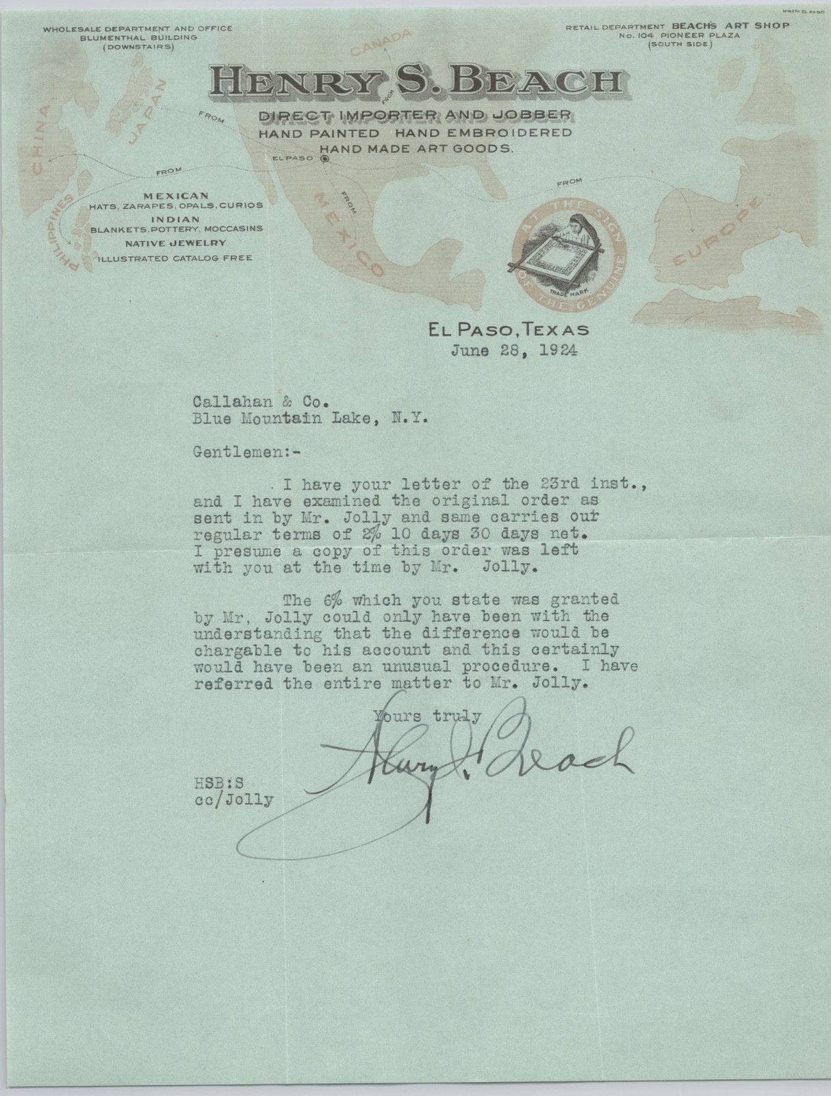 1924 Henry Beach Native American Mexican Goods El Paso TX Letterhead BH2-69 1924 Henry Beach Native American Mexican Goods El Paso TX Letterhead BH2-69