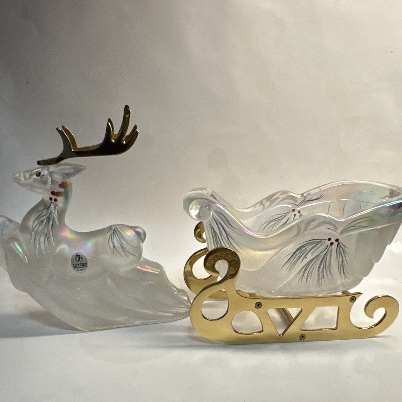 Fenton “Woodland Frost “ French Opalescent glass Reindeer and Sleigh. 