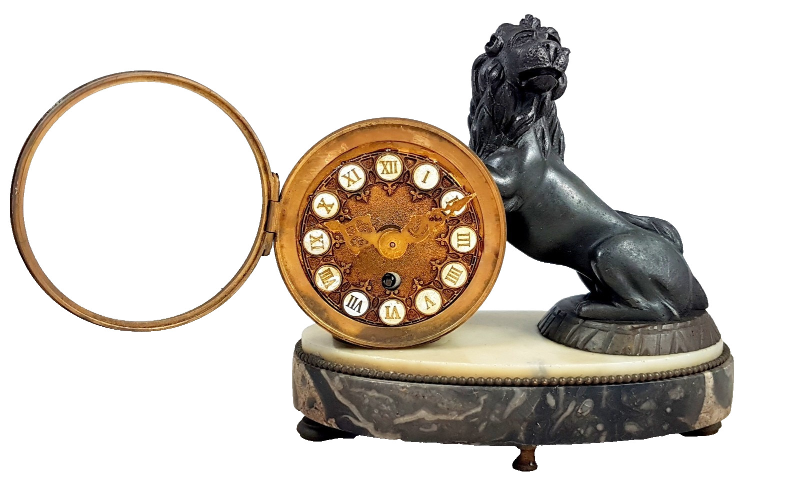 Antique French mantel clock, Lion Medici, bronze & marble, 18th century.... Antique French mantel clock, Lion Medici, bronze & marble, 18th century....