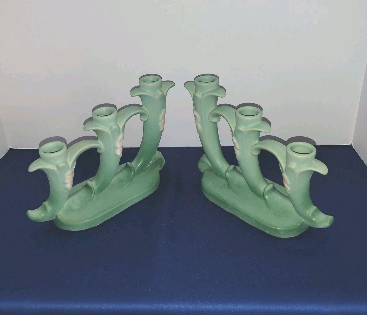 Weller Pair Of 3 Tier Candle Sticks Wild Rose In Gorgeous Sea Foam Green Vintage Weller Pair Of 3 Tier Candle Sticks Wild Rose In Gorgeous Sea Foam Green Vintage