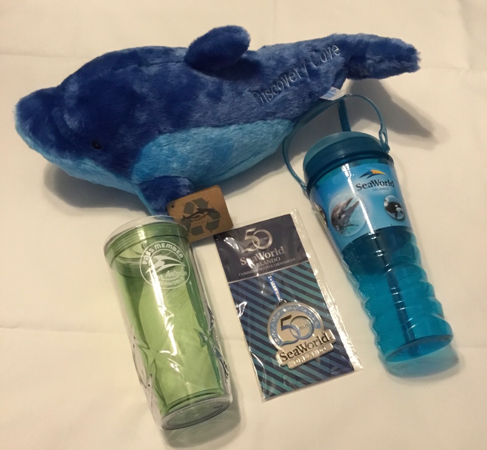 SeaWorld 50th Anniversary Collectible Items Plush, Cups, and Ornament NEW