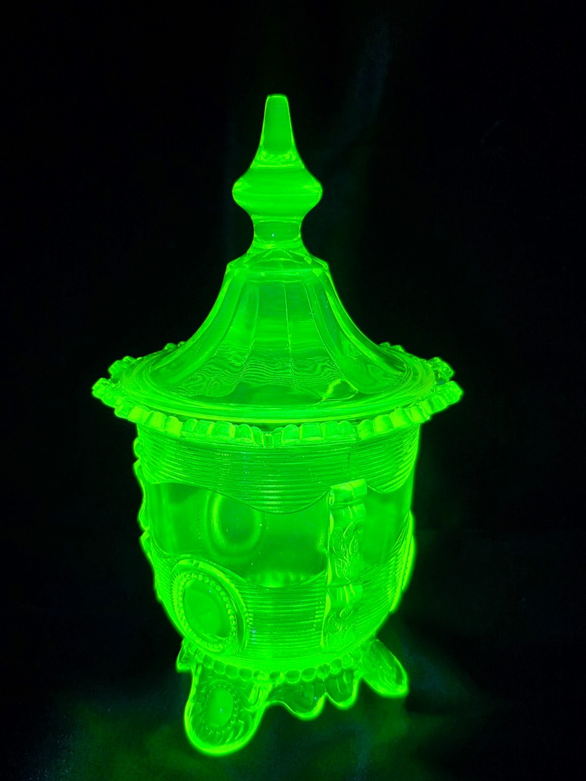 Uranium Glass Greentown Dewey Sugar Bowl Vaseline EAPG Indiana 1898 Canary Lid