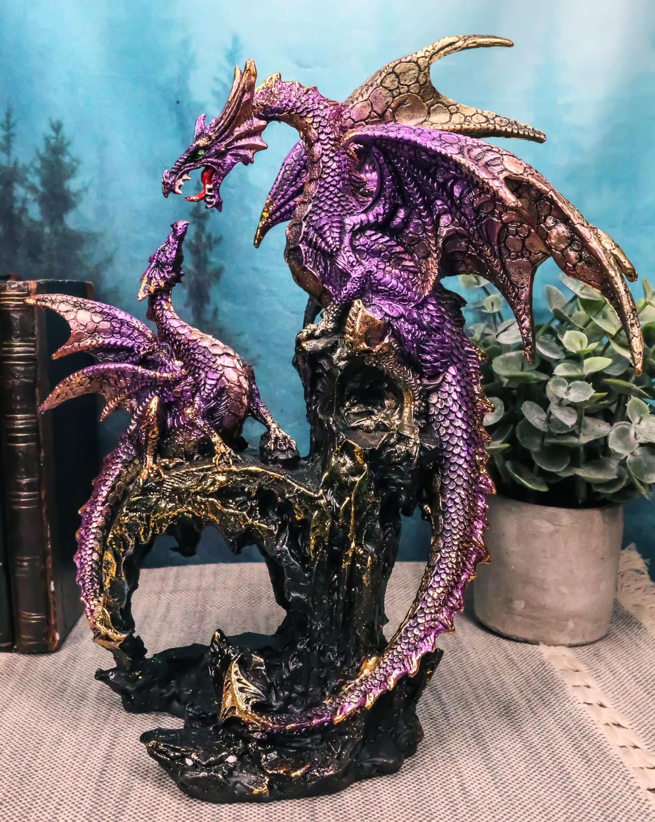 Metallic Purple Mother Dragon With Baby Family Statue 10.5\ Metallic Purple Mother Dragon With Baby Family Statue 10.5\