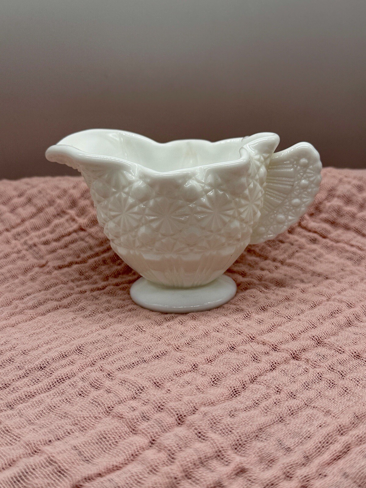 Vintage Fenton Daisy/Button Milk Glass Creamer Wing Handle