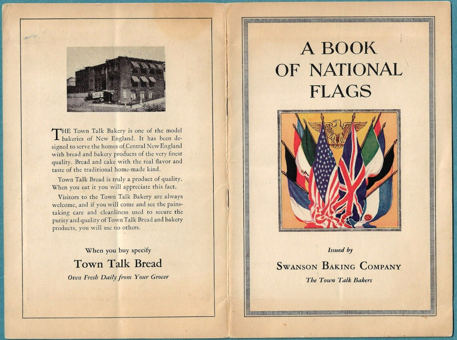 RARE c1930s TOWN TALK BREAD FLAG STAMP ALBUM ~ SWANSON BAKING CO., WORCESTER, MA
