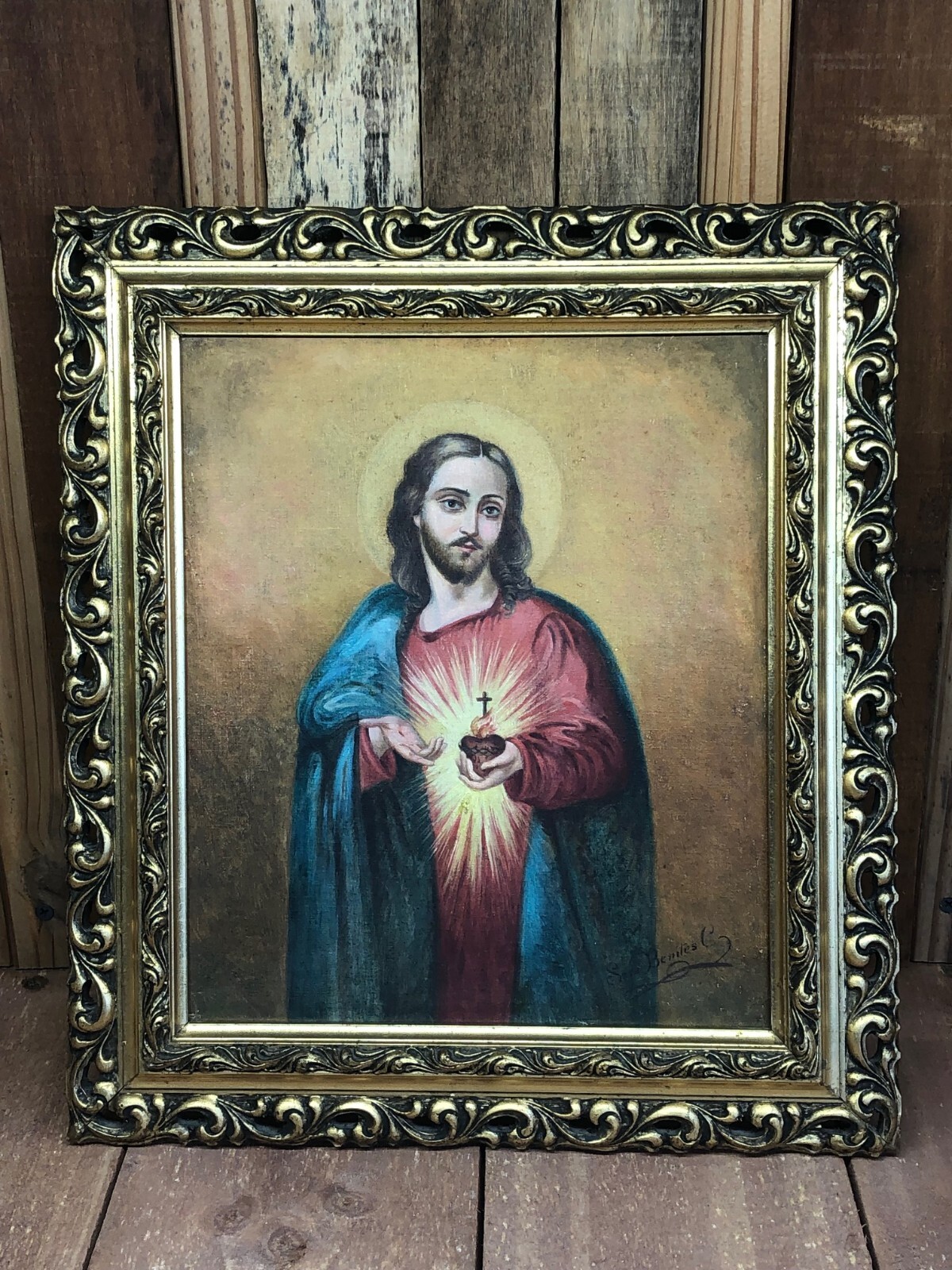 Catholic Icon Oil Painting Sacred Heart Jesus Christ Vintage Antique Gold Frame