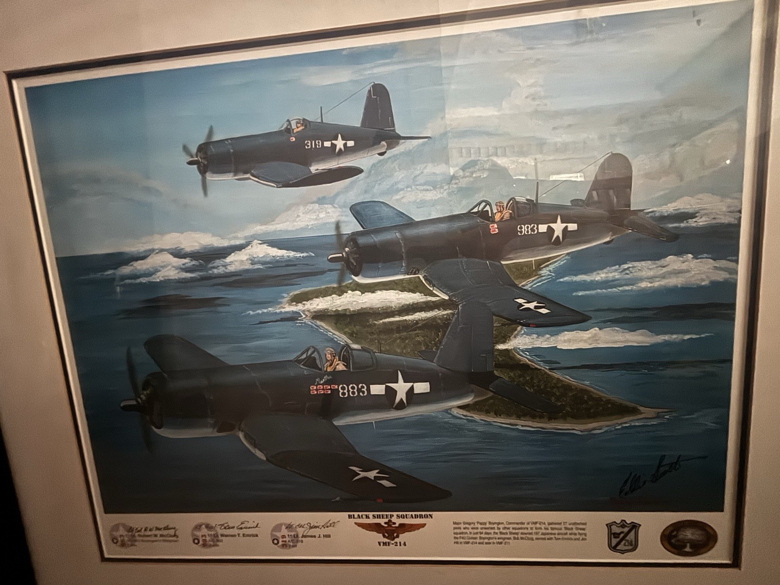 AUTOGRAPHED USMC VMF-214 BLACKSHEEP SQUADRON FRAMED PRINT BY EDDIE SUTTON AUTOGRAPHED USMC VMF-214 BLACKSHEEP SQUADRON FRAMED PRINT BY EDDIE SUTTON