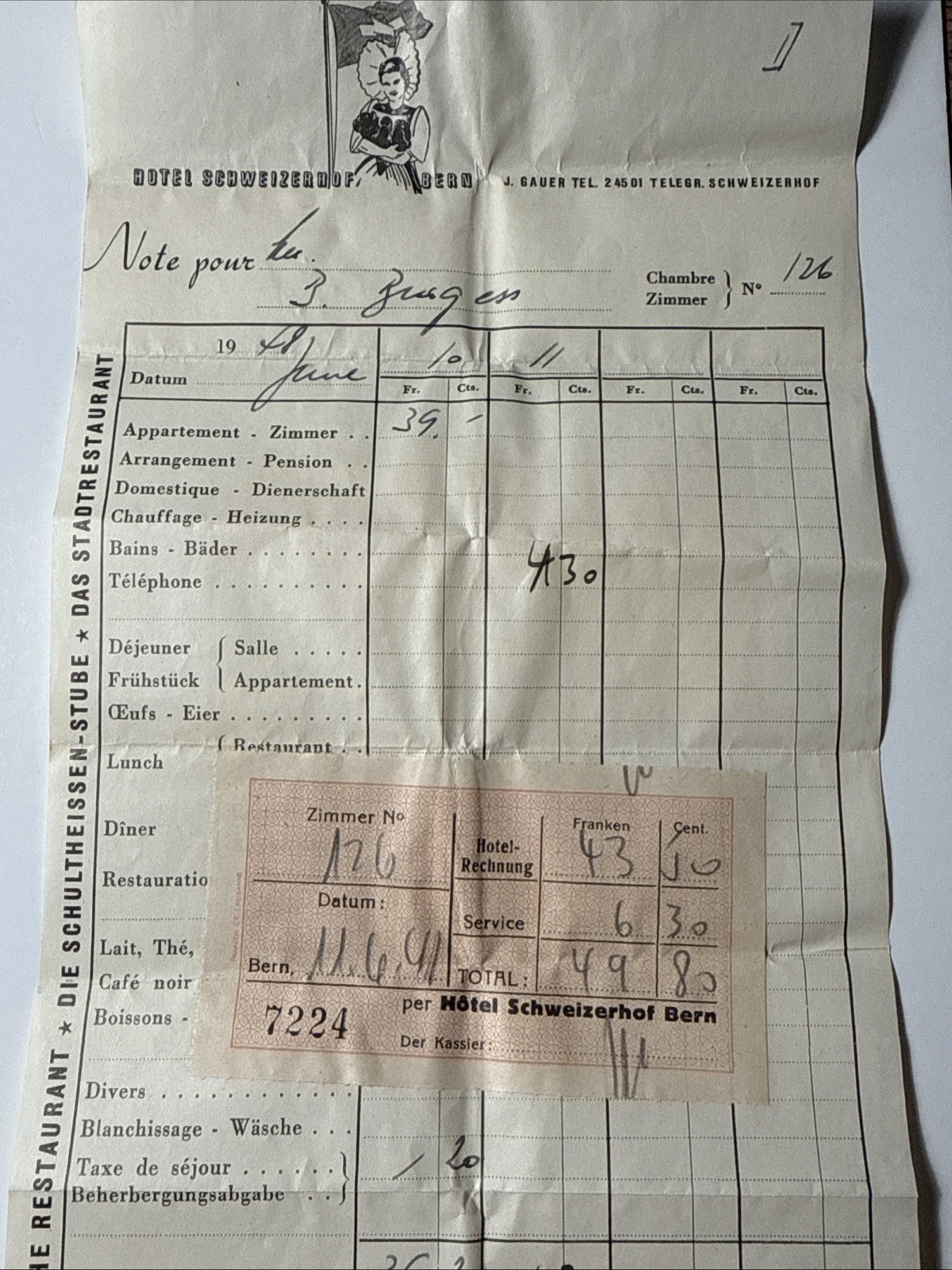 1948 HOTEL SCHWEIZERHOF Bern Switzerland Restaurant Receipt Vtg Bill Head