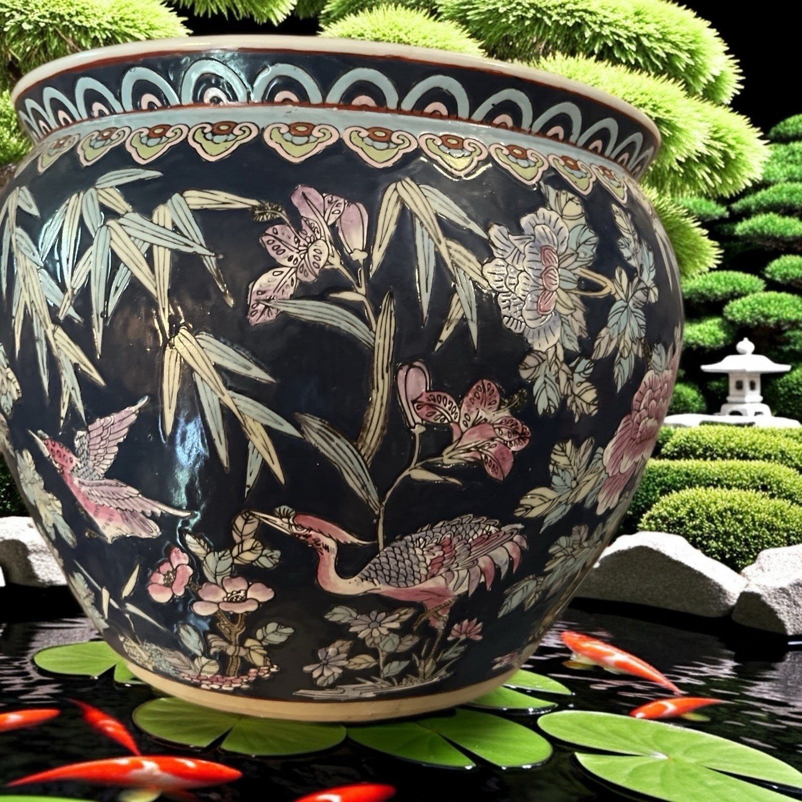 Vintage Chinese Fish Bowl Planter Pot 12” H X 14 Across Top Excellent Vintage Chinese Fish Bowl Planter Pot 12” H X 14 Across Top Excellent