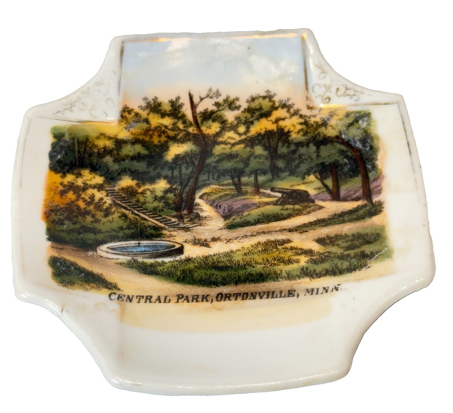 ORTONVILLE MINNESOTA MN Antique CENTRAL BANK Souvenir TRINKET PAINTED DISH