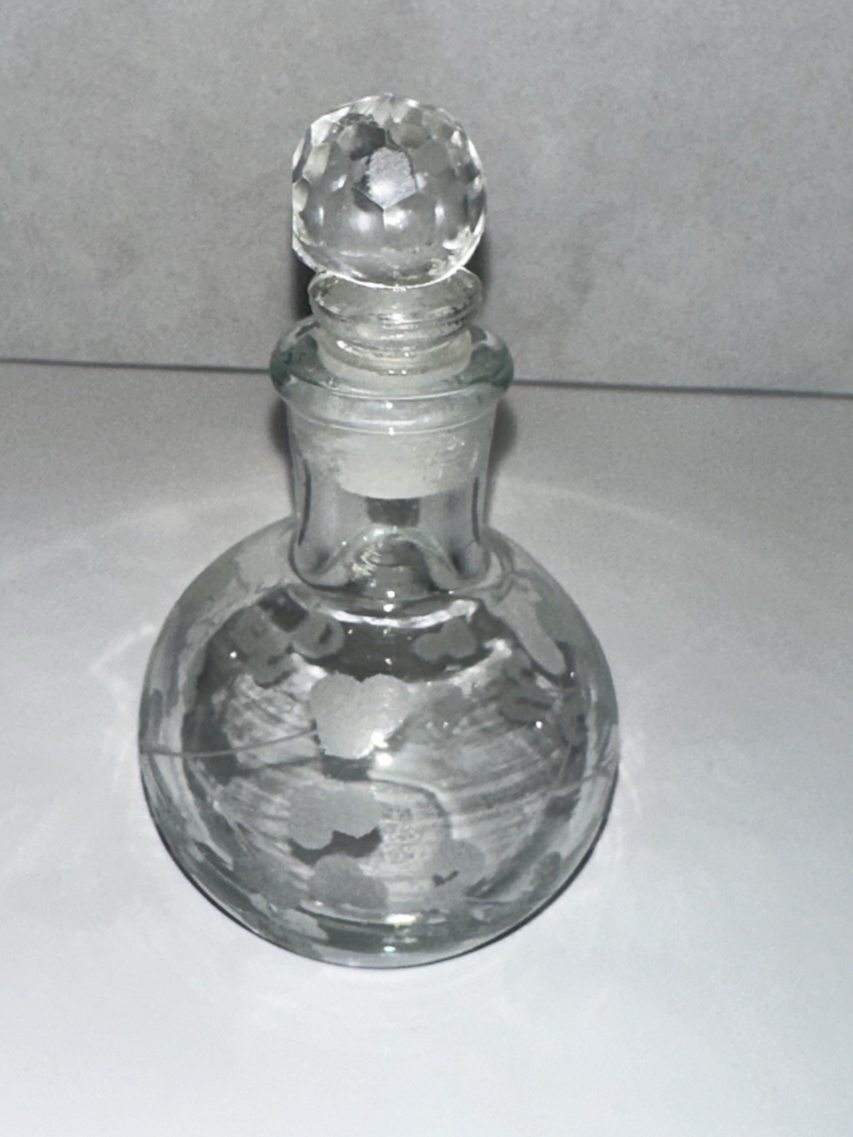 Vintage Crystal Perfume Bottle Clear Hand Cut Etched Glass W/ Topper 5.75” Tall