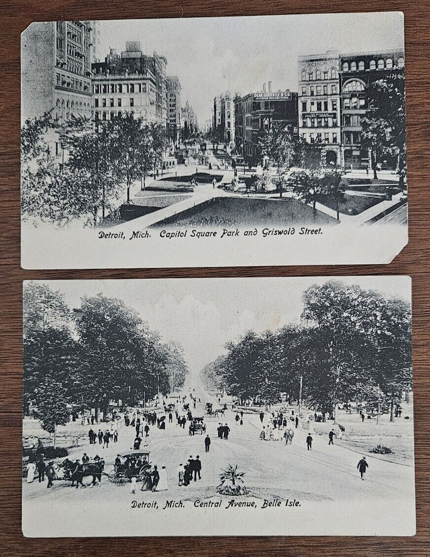 2 Detroit, MI 1906 postcards Capitol Square Park, Belle Isle by Dietsche UNP