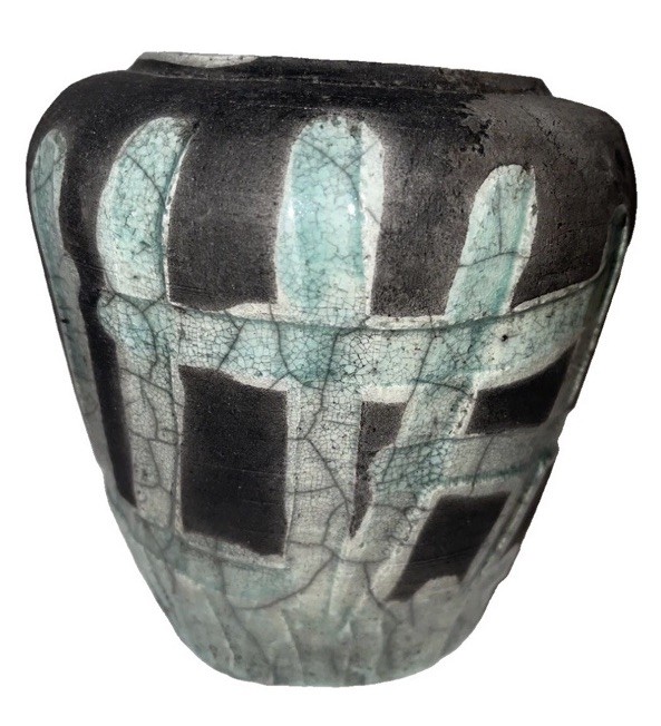Vintage Raku Pottery Vase Signed Green Black fun