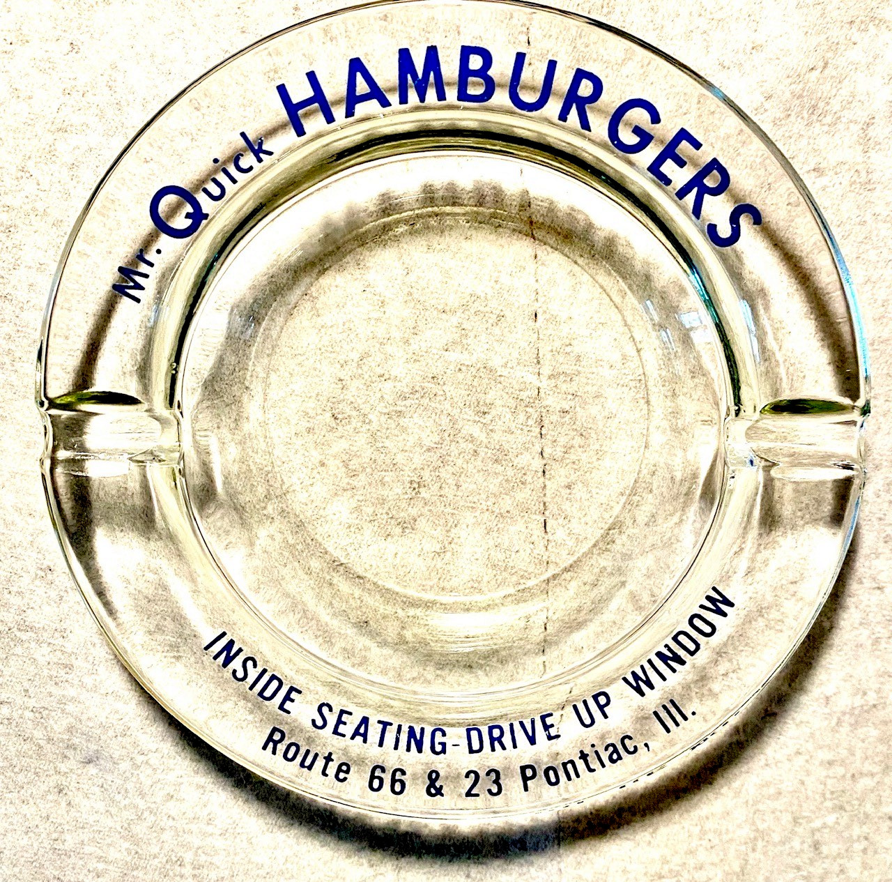 Vintage Glass Ashtray Mr. Quick Hamburgers Rt 66 & 23 Pontiac Illinois Vintage Glass Ashtray Mr. Quick Hamburgers Rt 66 & 23 Pontiac Illinois