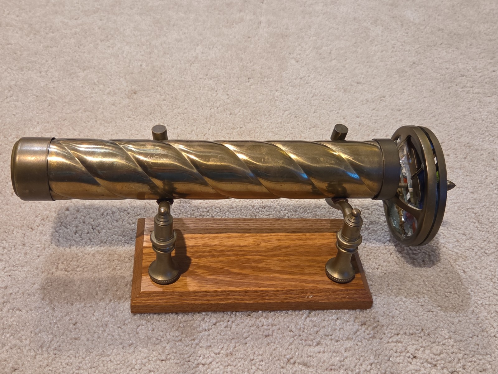 Corki Weeks Brass Kaleidoscope Double Wheel with Wooden Stand 15\ Corki Weeks Brass Kaleidoscope Double Wheel with Wooden Stand 15\