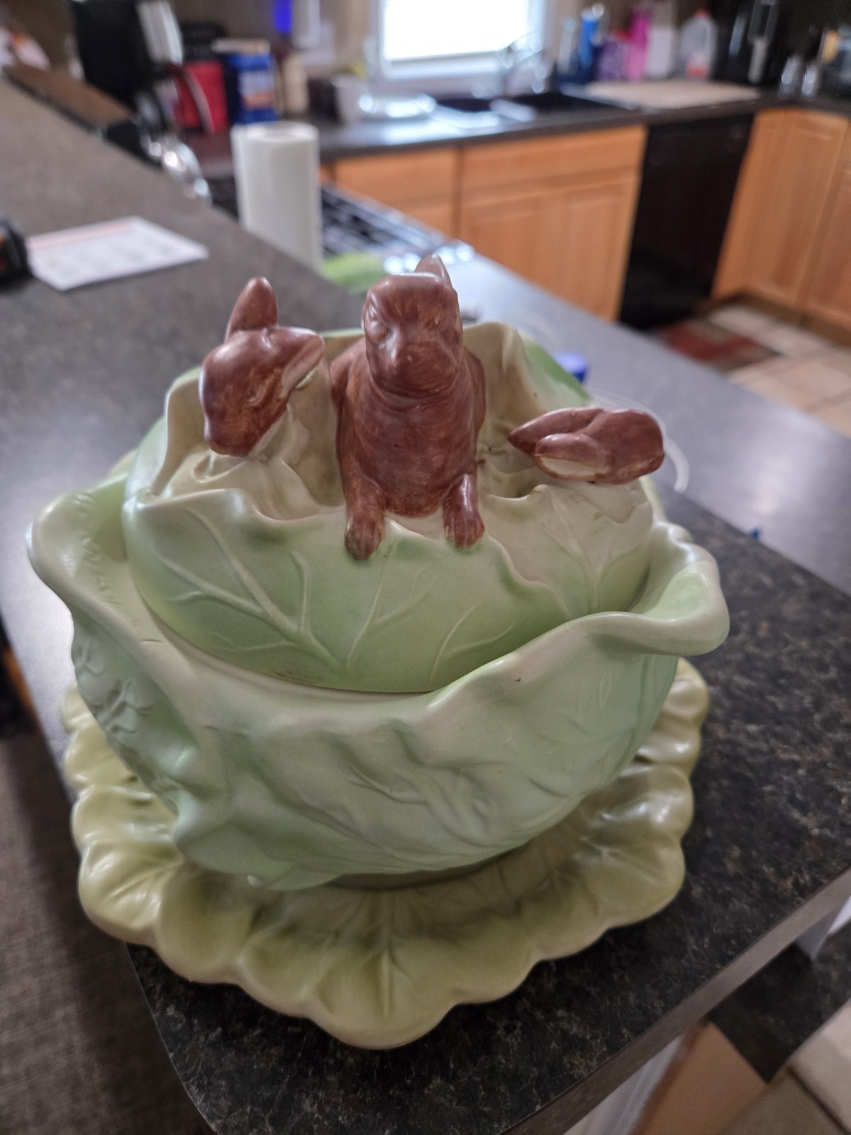 Vintage Cabbage Cookie Jar with 3D Bunnies - Farmhouse Easter Decor Vintage Cabbage Cookie Jar with 3D Bunnies - Farmhouse Easter Decor
