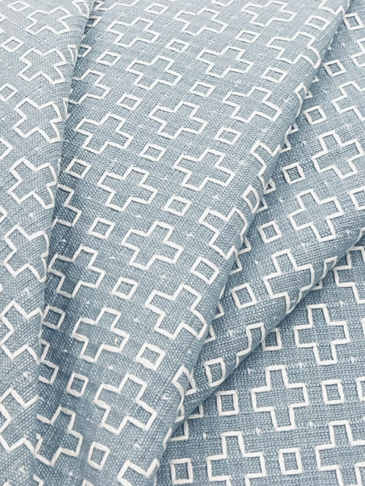 Schumacher Geometric Upholstery Fabric- Scout Embroidery / Sky 2.30 yds 73563