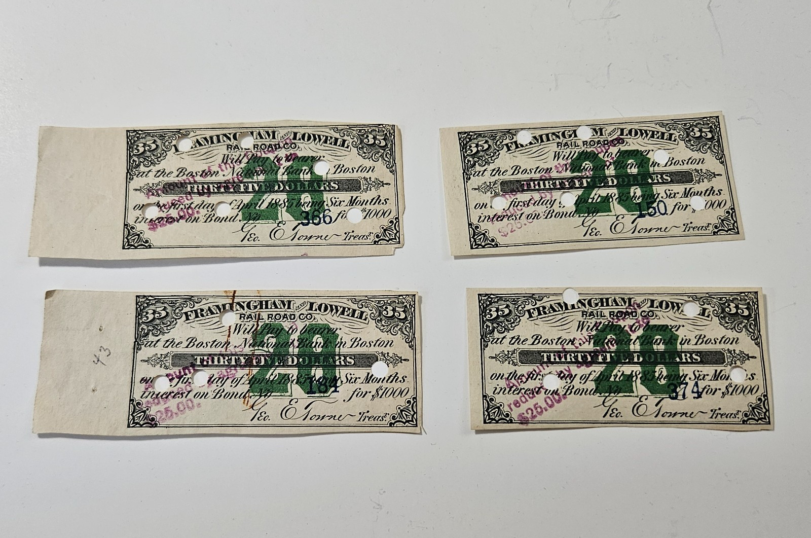 Four Original 1885 Framingham & Lowell Railroad $35 Bond Coupons Certificates