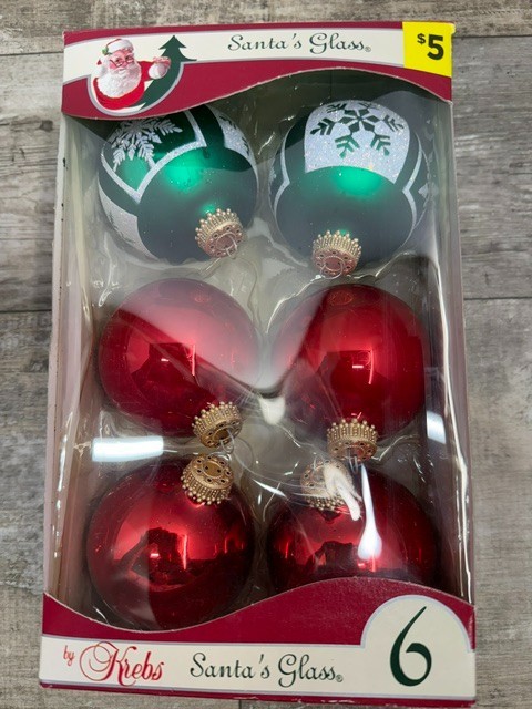 Vintage Krebs Designer Sants's Glass Christmas Ball Ornaments (Box of 6) USA Vintage Krebs Designer Sants's Glass Christmas Ball Ornaments (Box of 6) USA