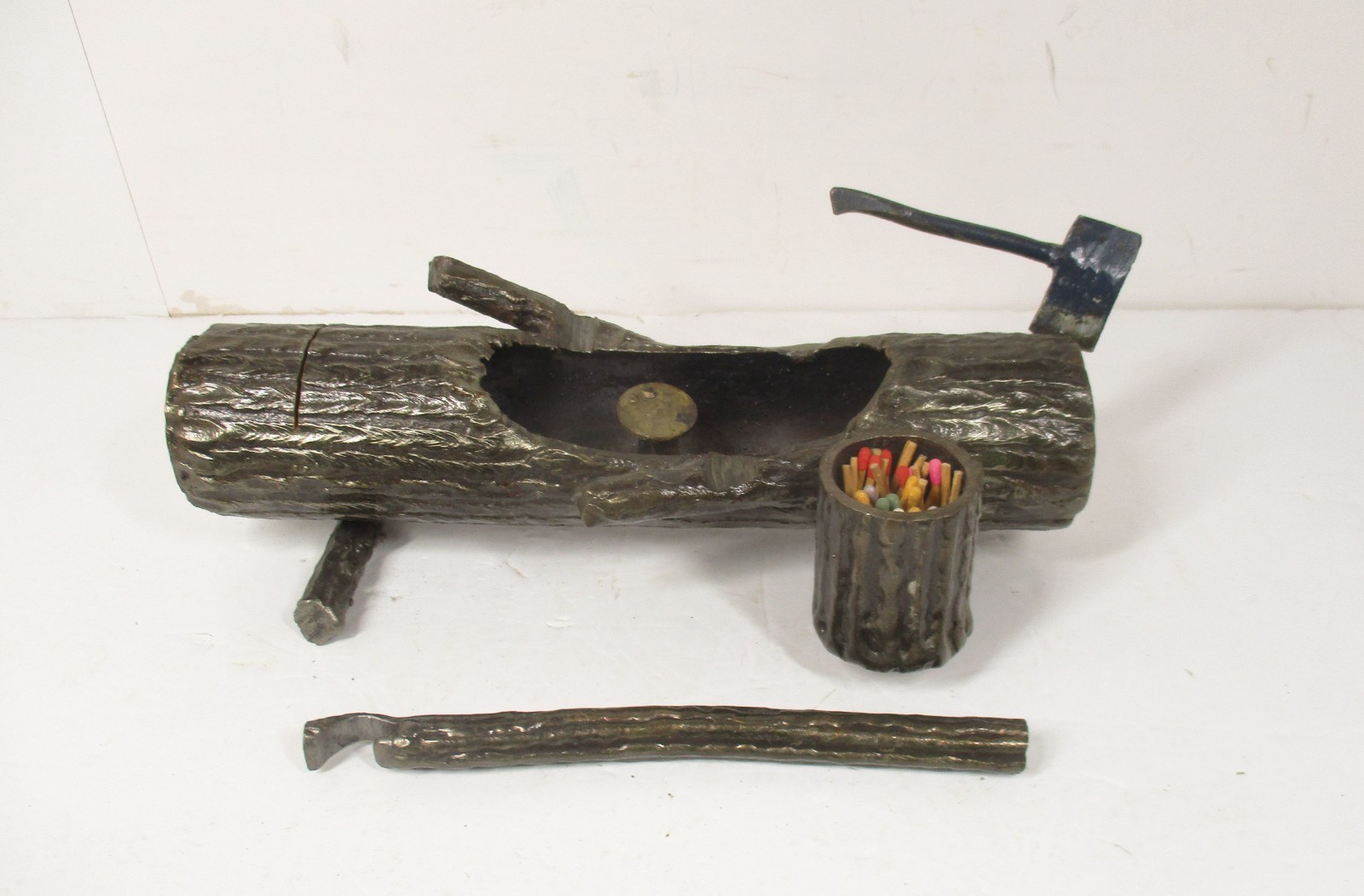 Vintage Steel Log Ashtray with Axe, Match Holder & Bottle Opener 10 1/2 Inches
