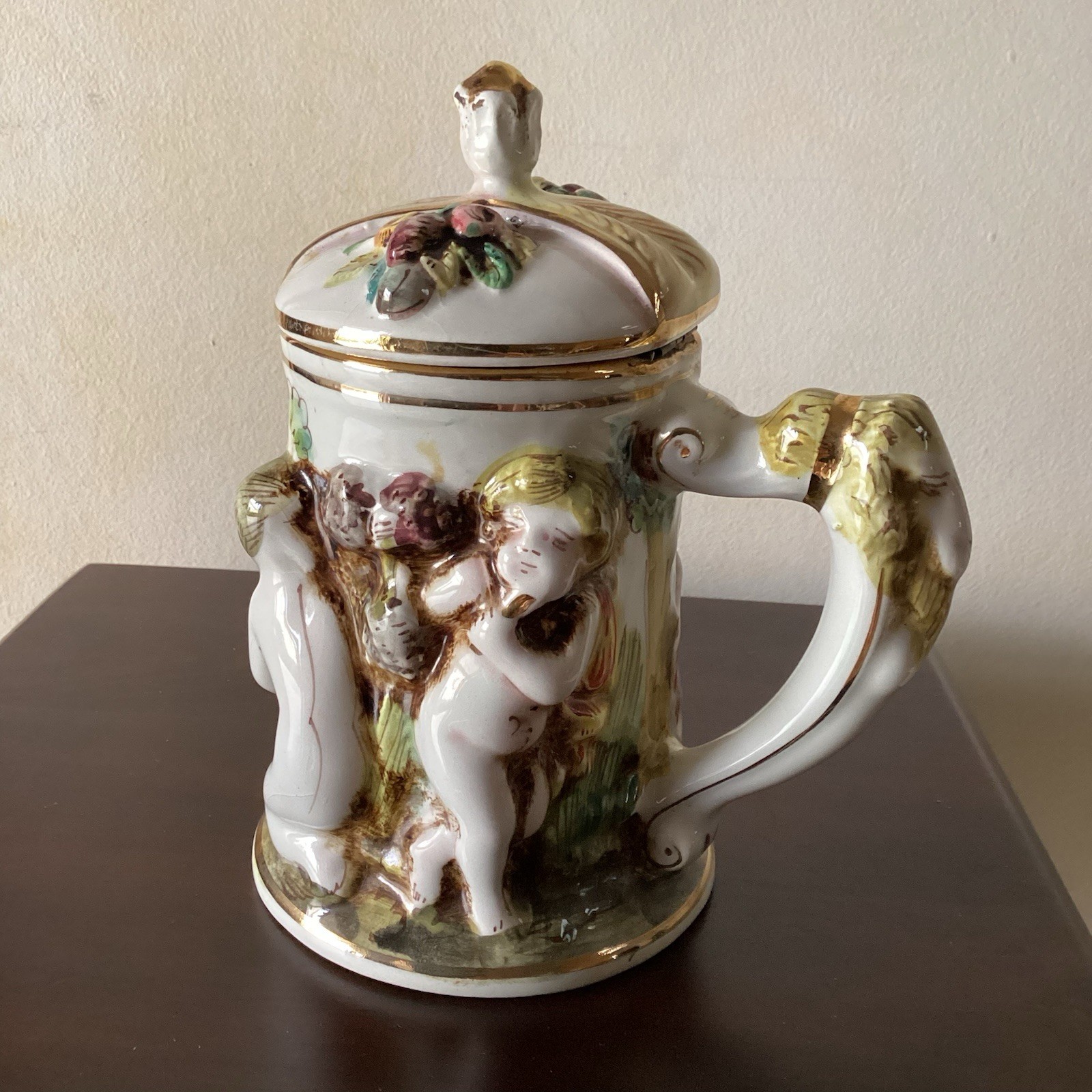 Vintage Italian Capodemonte Lidded Tankard Stein Cherubs Putti Stamped Rare