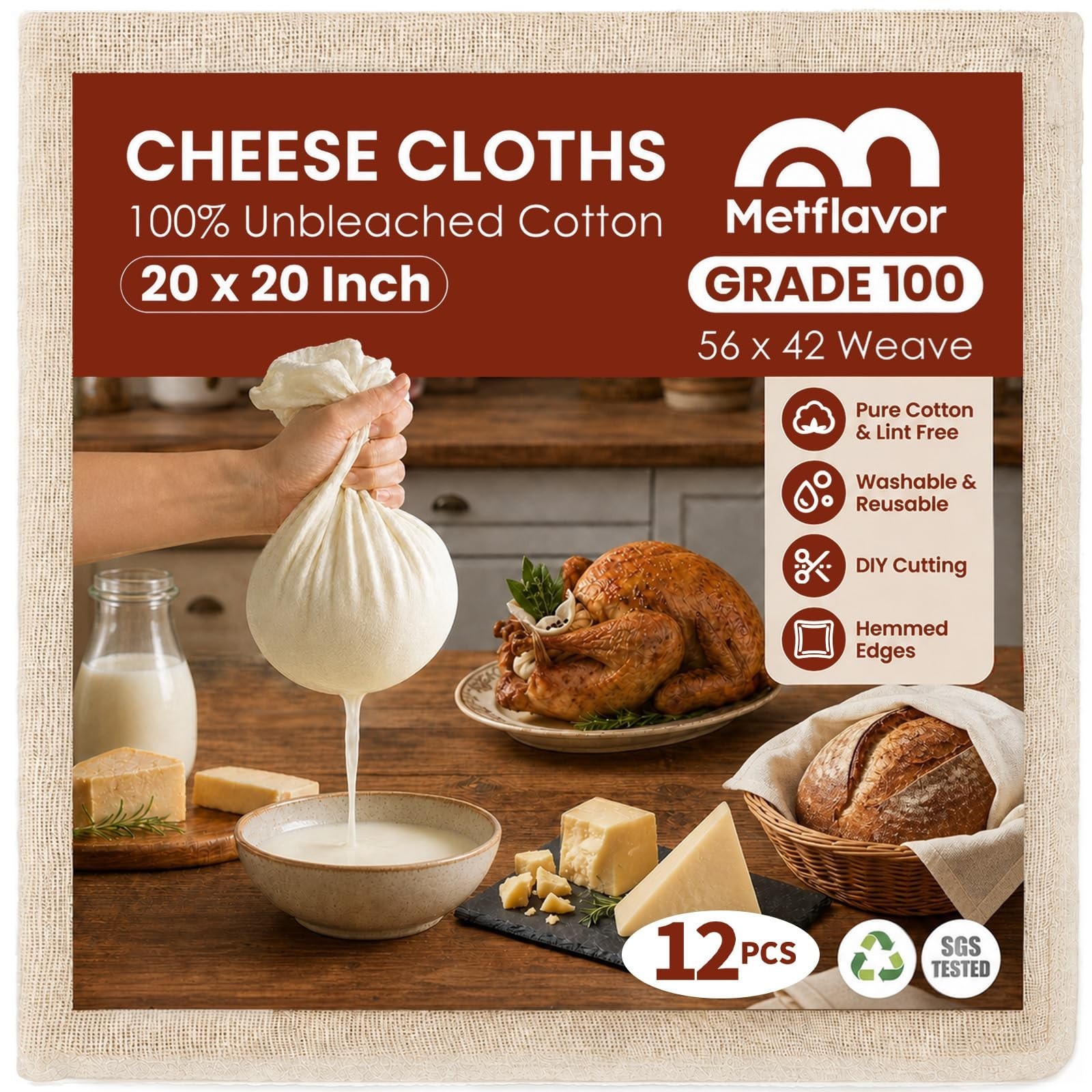 12Pcs Unbleached Cheese Cloths for Straining 20x20Inch Reusable Value Pack 12Pcs Unbleached Cheese Cloths for Straining 20x20Inch Reusable Value Pack