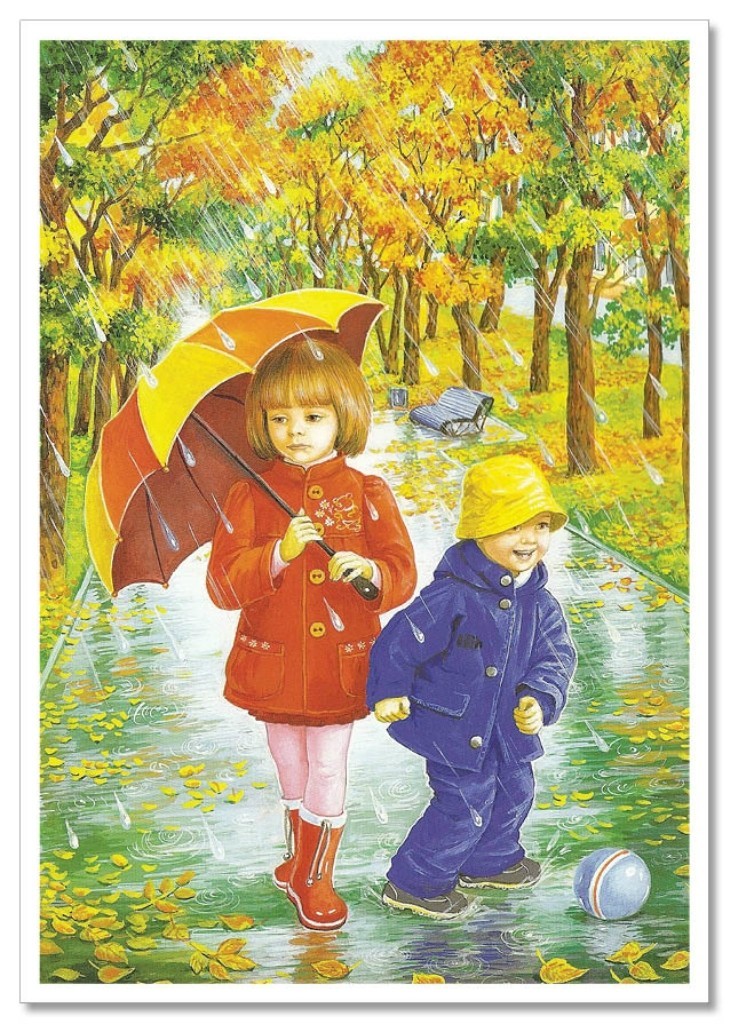 Children's fun Boy, Girl Seasons of the year Autumn ART NEW modern Postcard