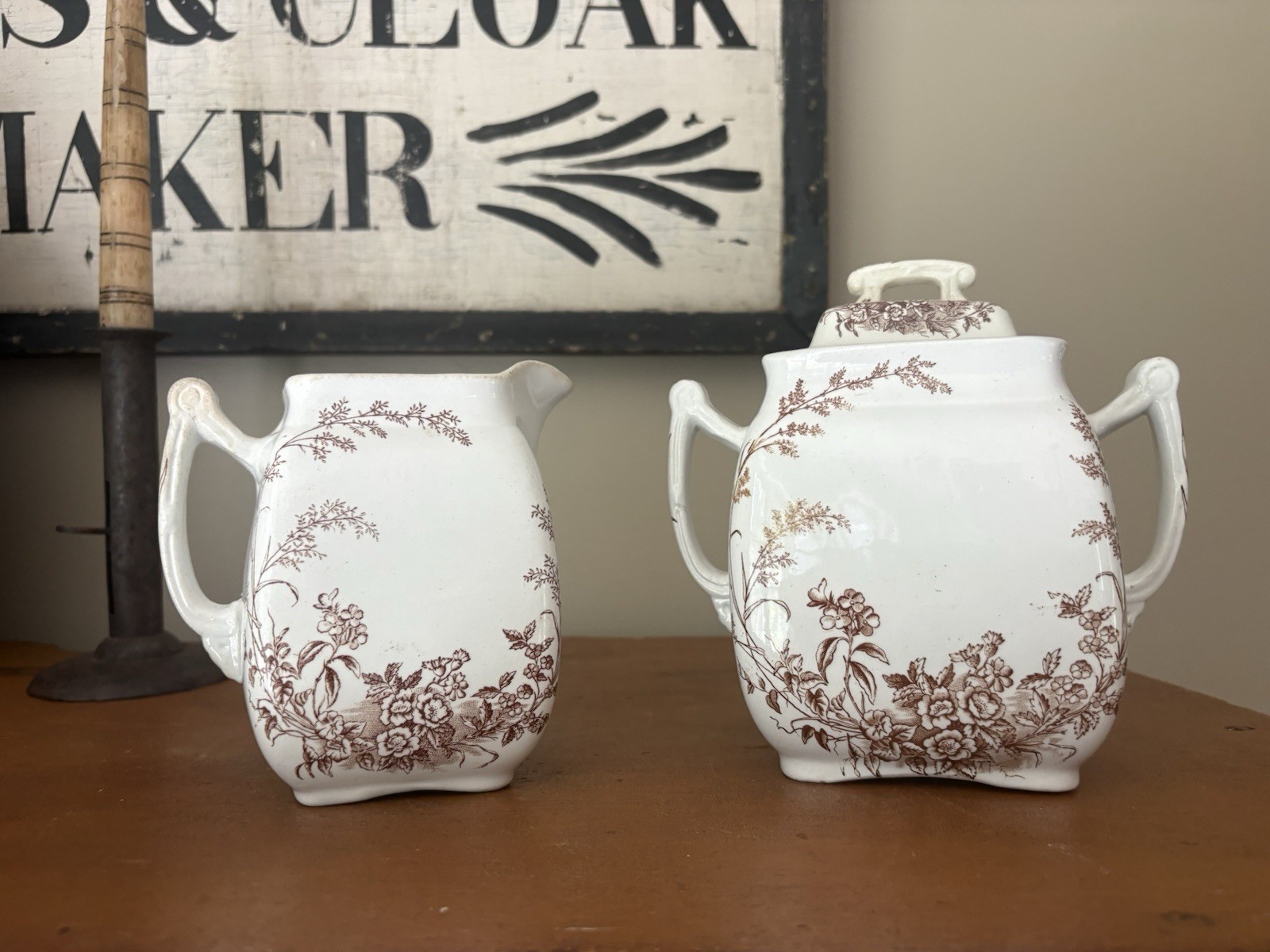 ATQ Cliff \' Montreal \' Brown Transferware Ironstone Sugar Bowl & Cream Pitcher