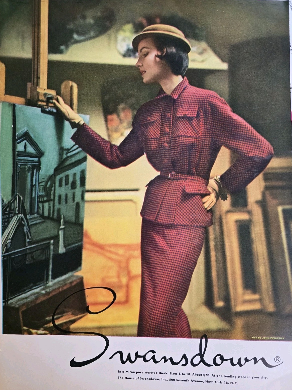 1950 Womens Red Swansdown Miron Worsted Check Suit vintage fashion ad 