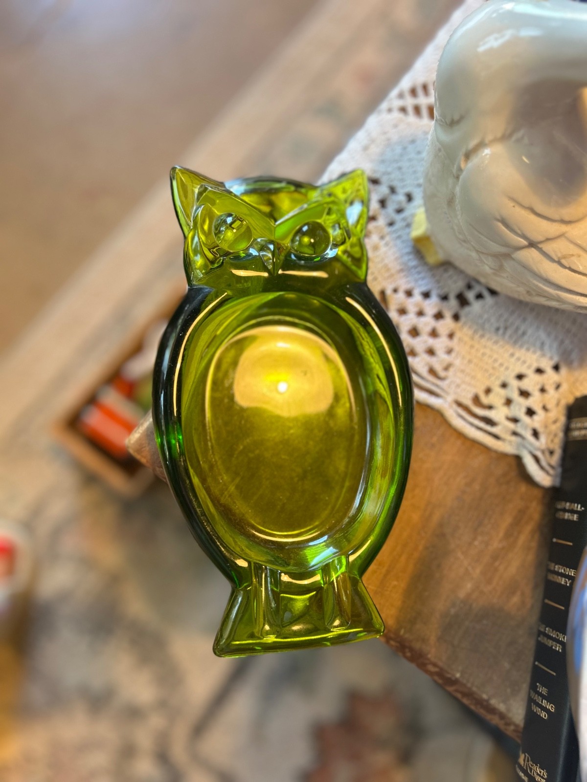 Vintage OWL Ashtray Mid Century Modern Green Translucent Glass MCM