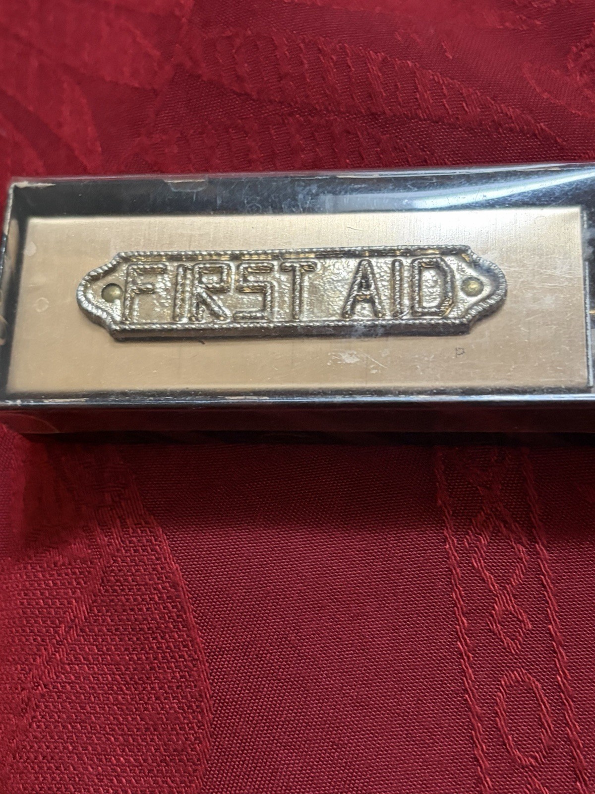 Vintage Gold Tone Metal Pull Out First Aid Travel Kit In  Original Box